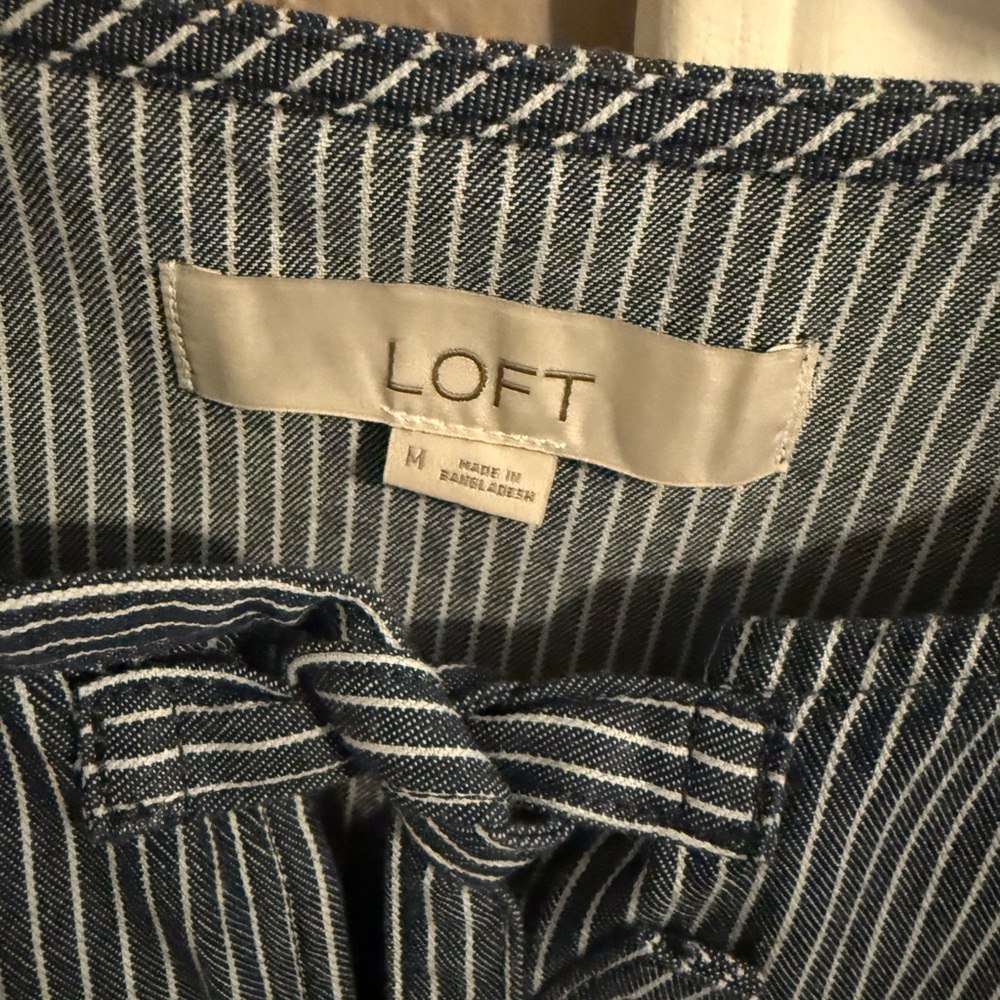 LOFT Navy Pinstripe Blouse with Bow Detail - Picture 2 of 2